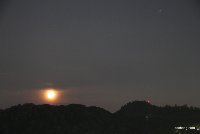写真：舞鶴山から昇ってきた月、木星、土星