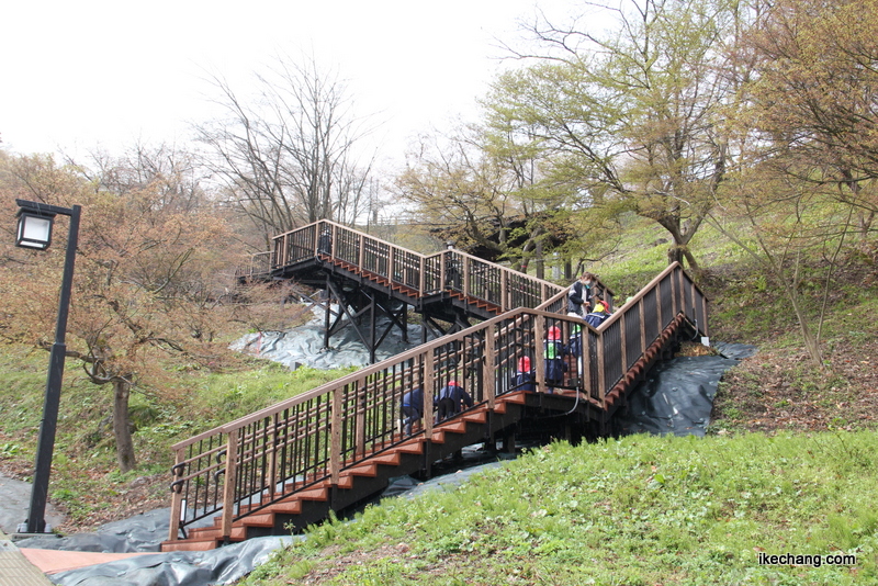 画像：デッキ散策路を登る園児たち