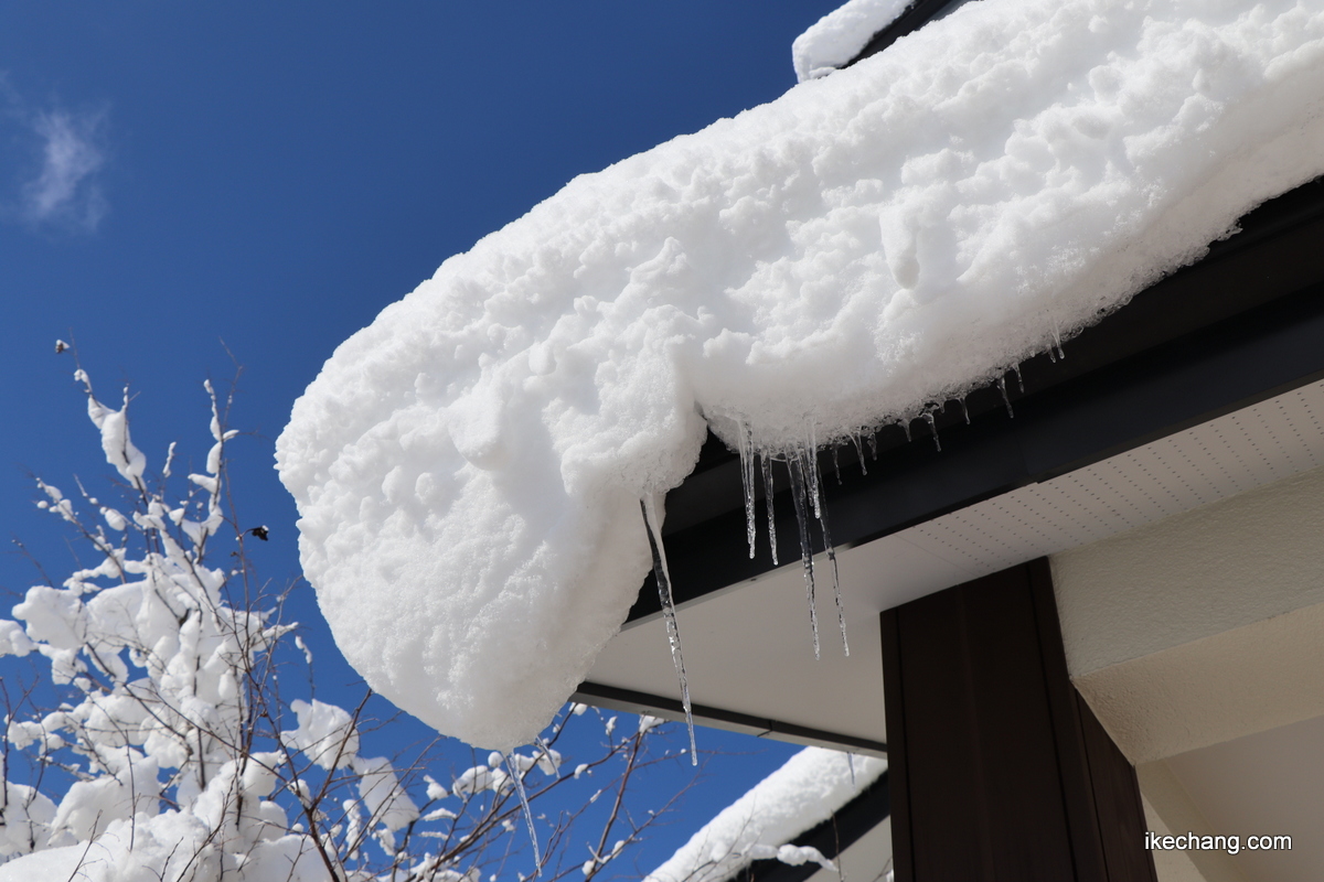 画像：青空と屋根の雪とツララ